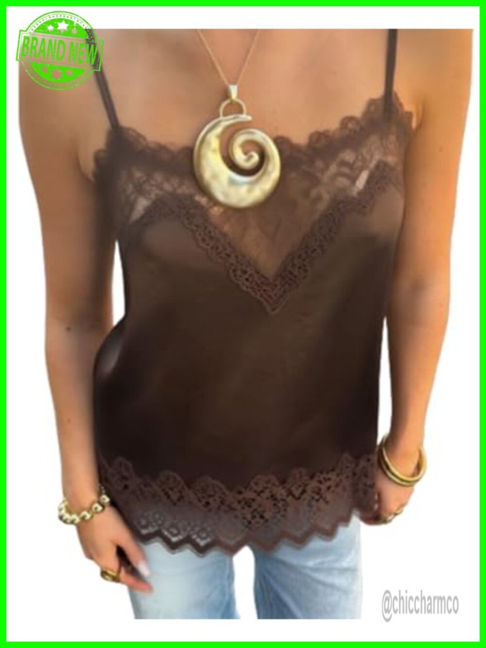 Lace Trim Satin Cami Top Mesh V Neck Loose Spaghetti Strap Silky Tank Top